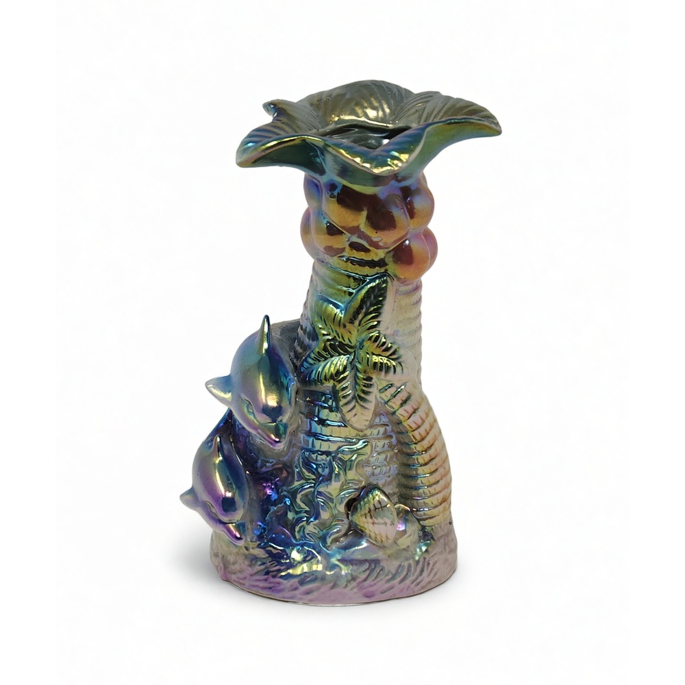 JSL Ceramic Vase Iridescent Dolphin Palm Tree Sculpture Coastal Nautical Decor